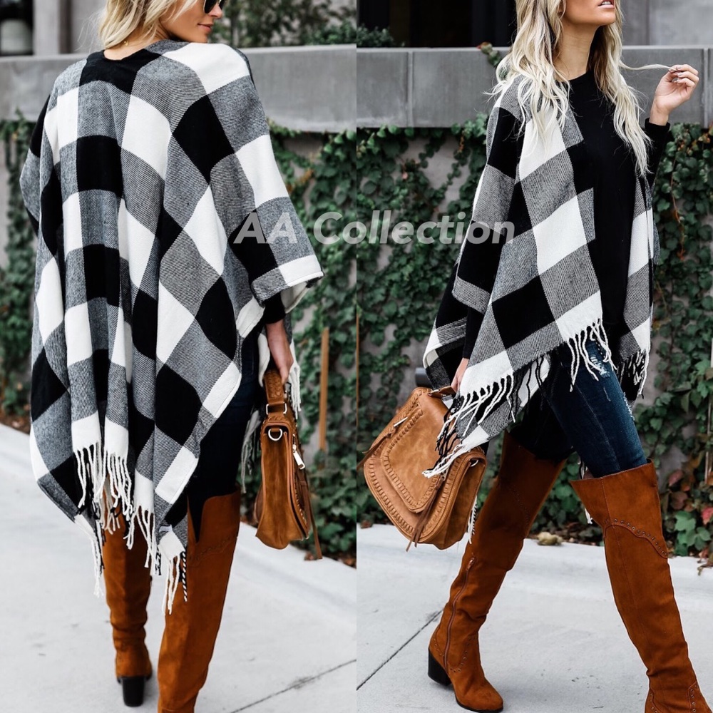 Buffalo Check plaid Tassel shawl Poncho cover up - Picture 3 of 7